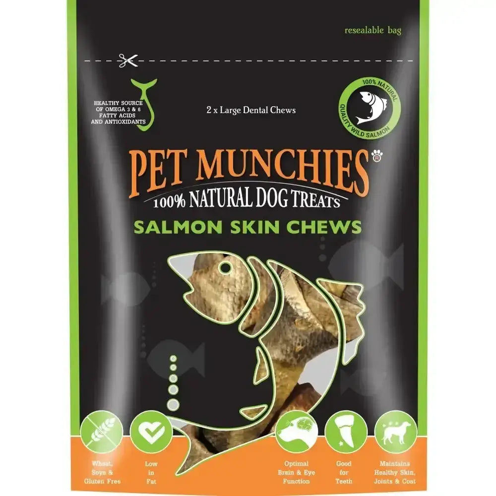 Black and green resealable bag of pet munchies salmon natural wild salmon skin chews with fish-shaped window showing dental chew