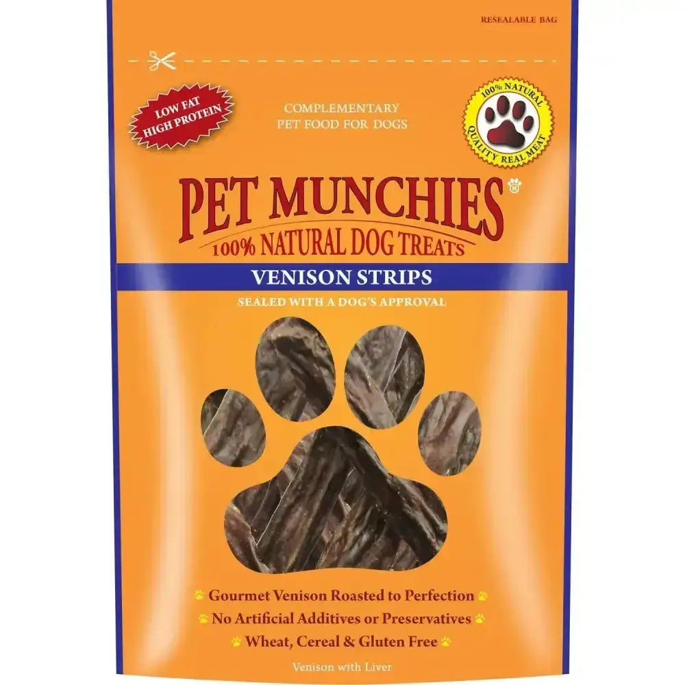 Orange bag of pet munchies strips venison roasted meat treats with paw window showing human grade quality