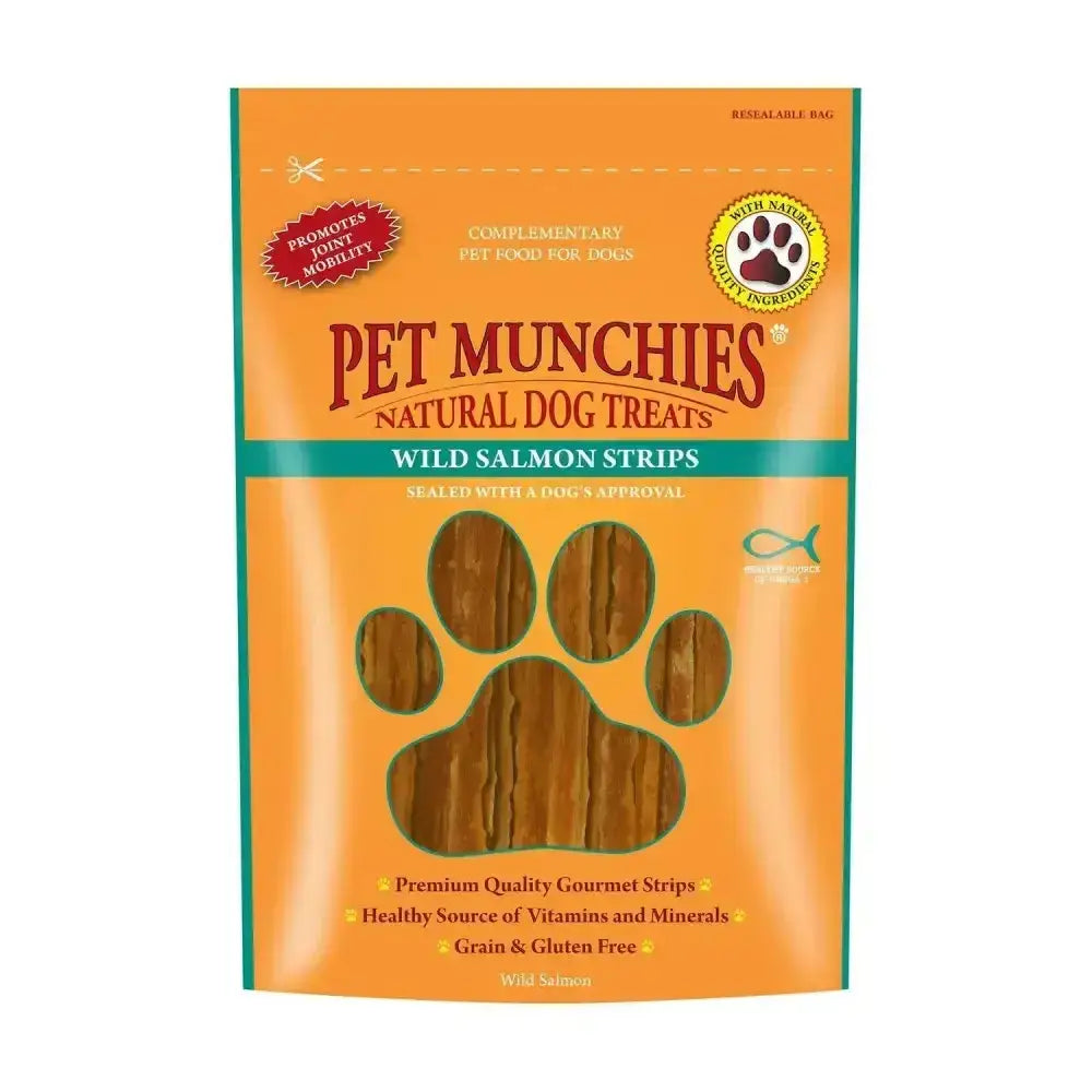 A resealable bag of pet munchies strips with wild salmon dog treats in vibrant orange and green packaging human grade