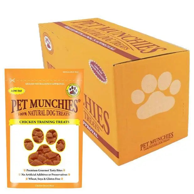 Orange pouch of pet munchies training chicken treats with paw print design and 100 percent natural dog treats branding