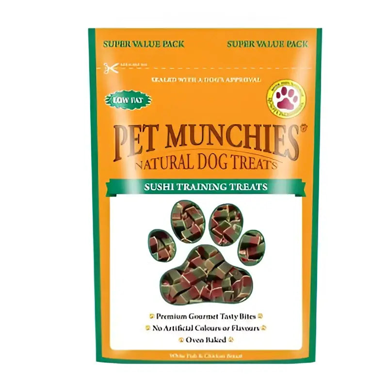 Orange and green packaged pet munchies training treat sushi with maroon and brown natural bite-sized dog snacks