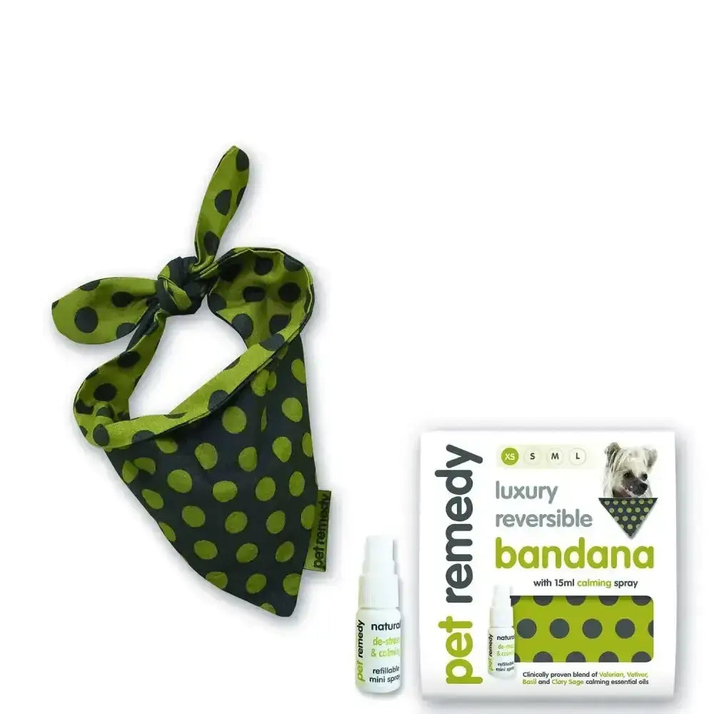 Green and black polka dot pet remedy calming bandana kit with tied knot for stress relief and comfort