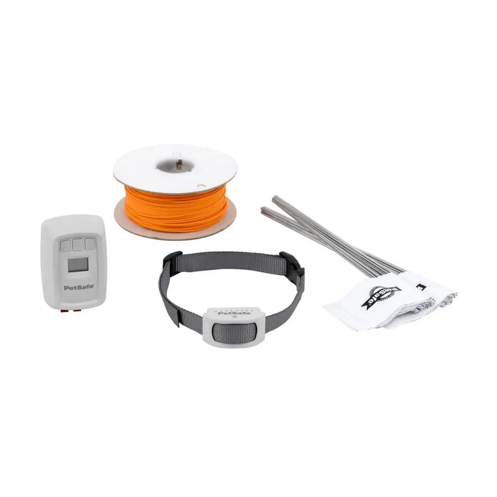 Gray and white petsafe classic in-ground fence collar with adjustable strap and plastic buckle for mind knowing dogs