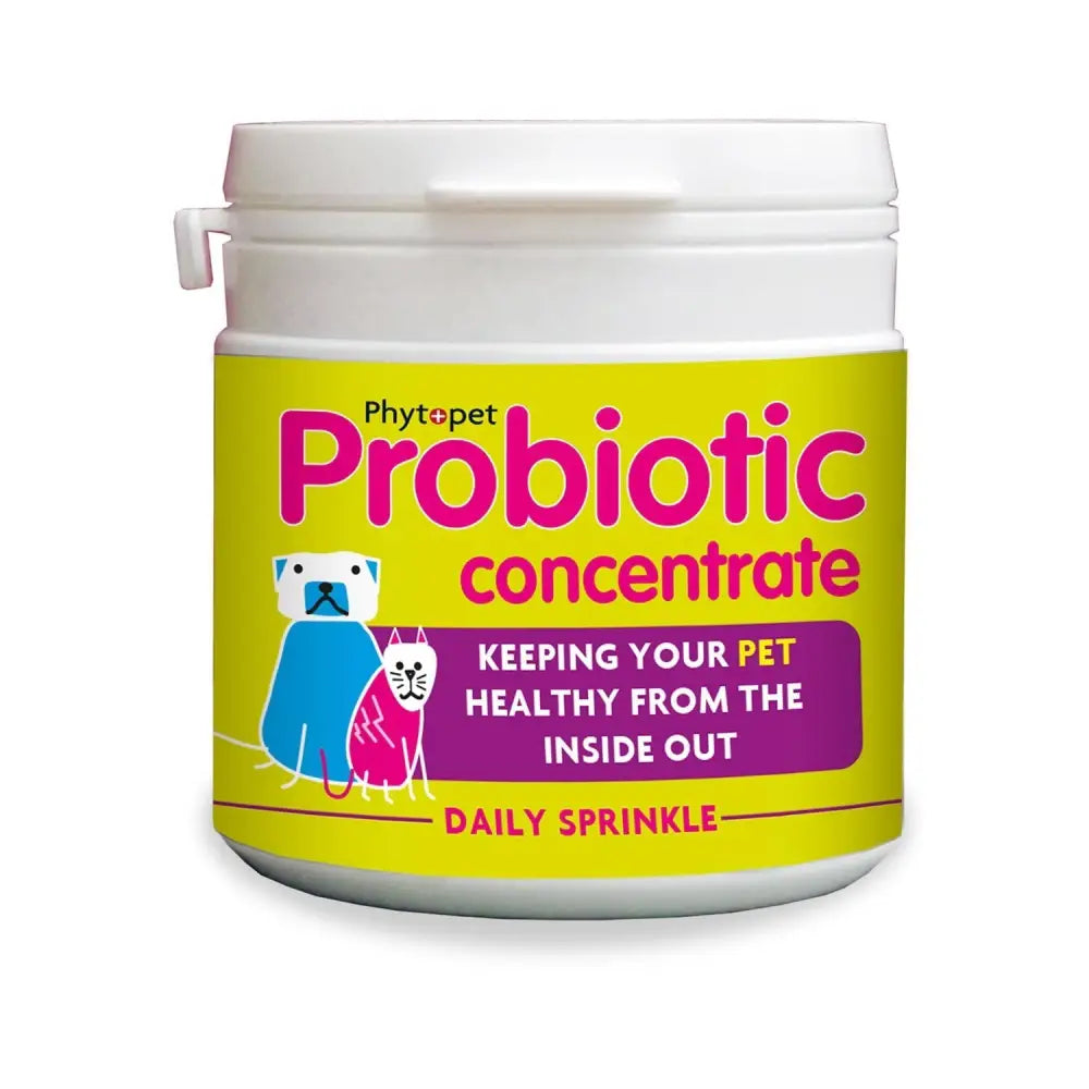 Bright yellow container of phytopet probiotic concentrate with white lid featuring cartoon dog and cat for digestive health