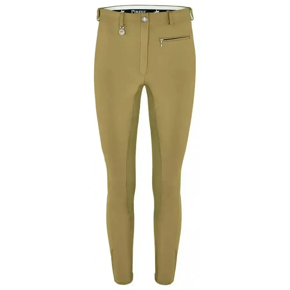 Khaki pikeur lugana stretch competition breeches with gold hardware and branded waistband perfect for riding use