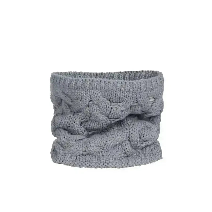 Gray knitted cable knit neck warmer with chunky textured weave pikeur snood chimney fashionable chimney scarf neck