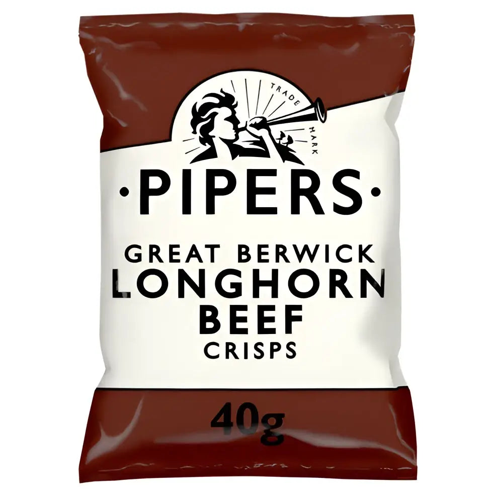Pipers great berwick longhorn beef crisps bag in maroon and white with black and white horn blower logo