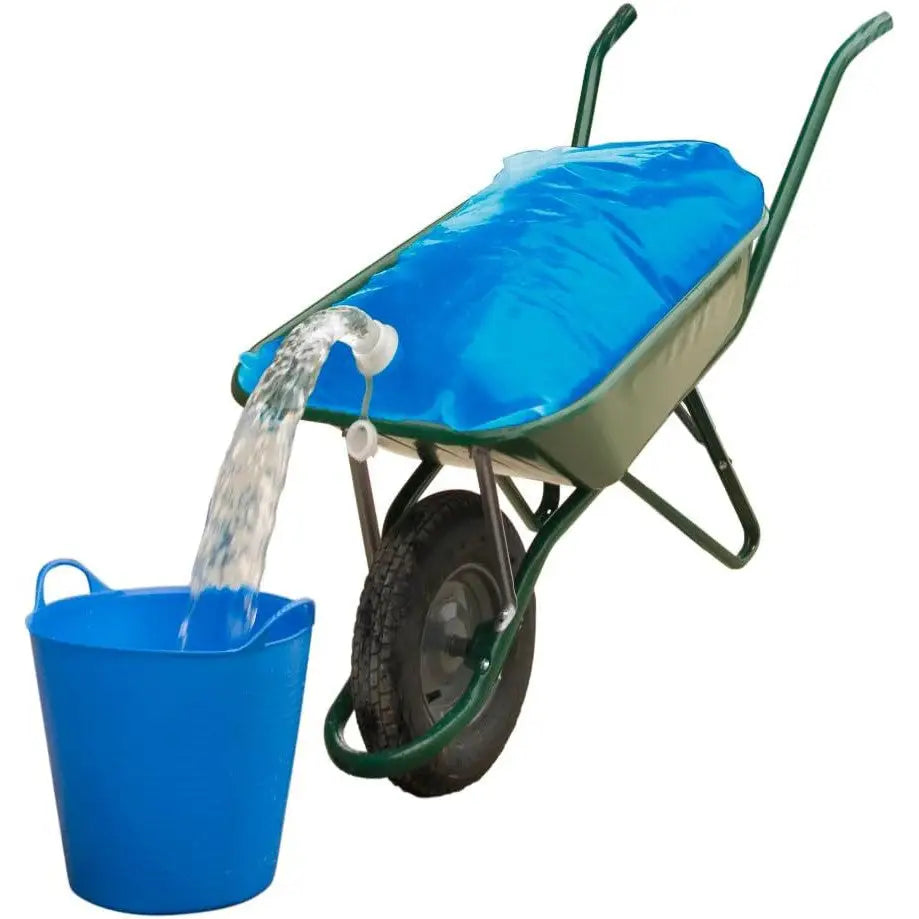Green wheelbarrow with planit products h2go bag water carrier 80 litres pouring water into a blue bucket
