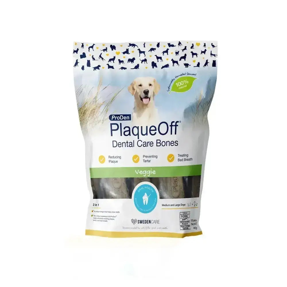 Proden plaqueoff dental care bones in a clear resealable bag with green and white labeling for dental care