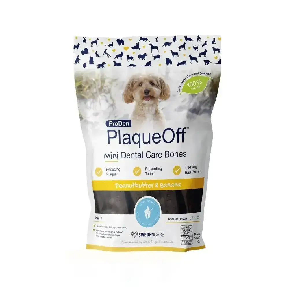 Proden plaqueoff mini dental care bones peanut butter banana flavor in white bag with black dog silhouettes for small toy dogs