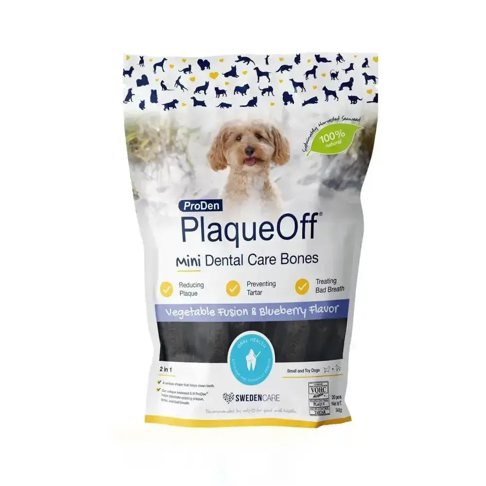 Proden plaqueoff mini dental care bones blueberry flavor in white and yellow pack for small toy dogs dental care bones