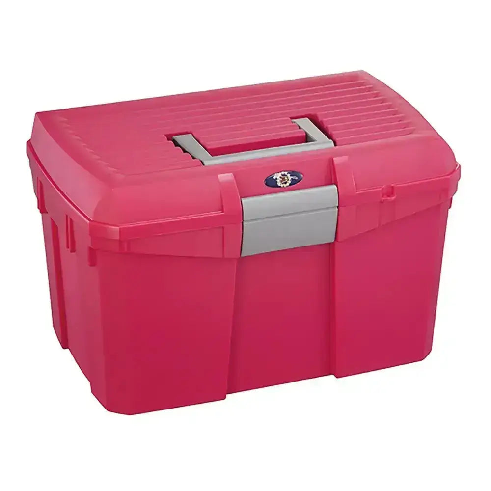 Bright pink plastica panaro tack box medium reinforced with gray handle and latch perfect for organizing tools