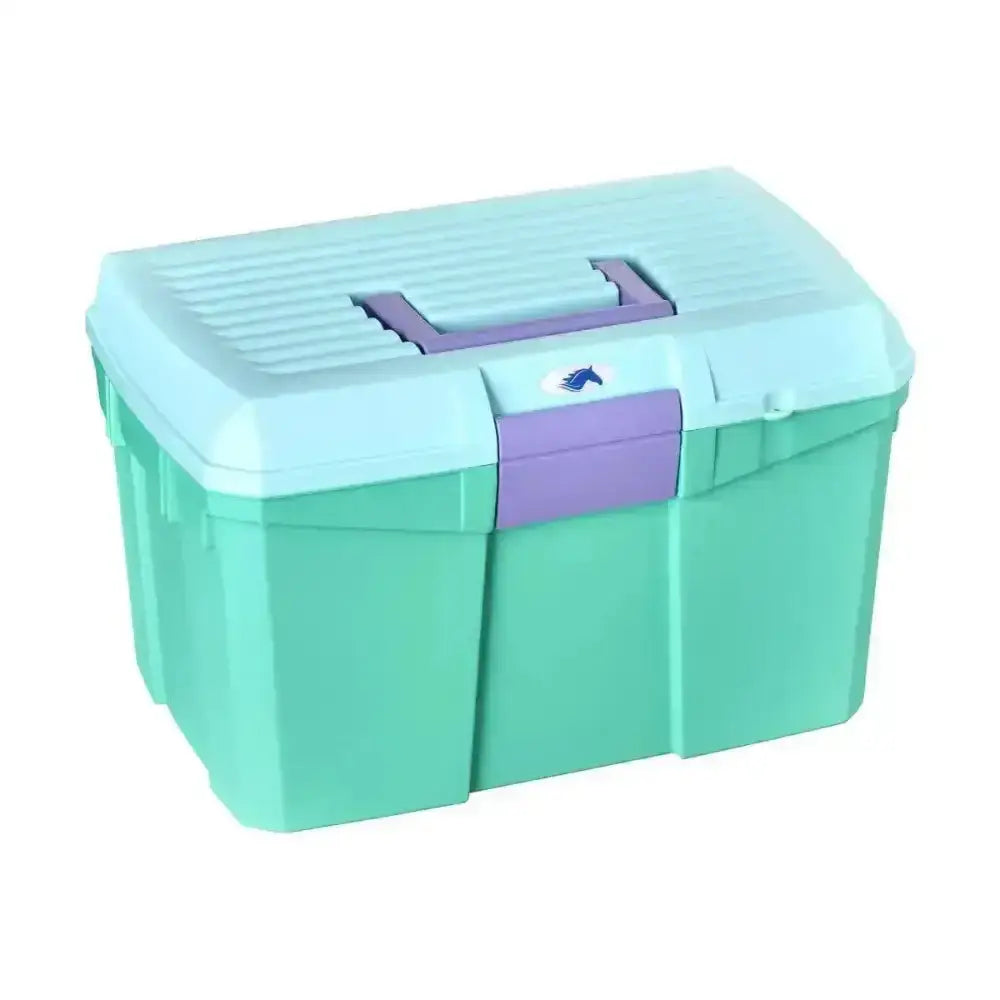 Teal and purple plastica panaro tack box medium reinforced with ribbed lid, handle, and side latches for horse care storage