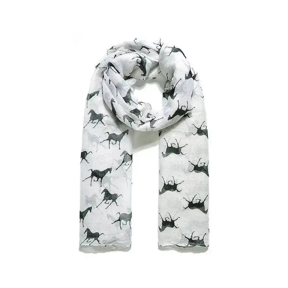White platinum blaze printed scarf featuring black blaze printed horse silhouettes for stylish wear