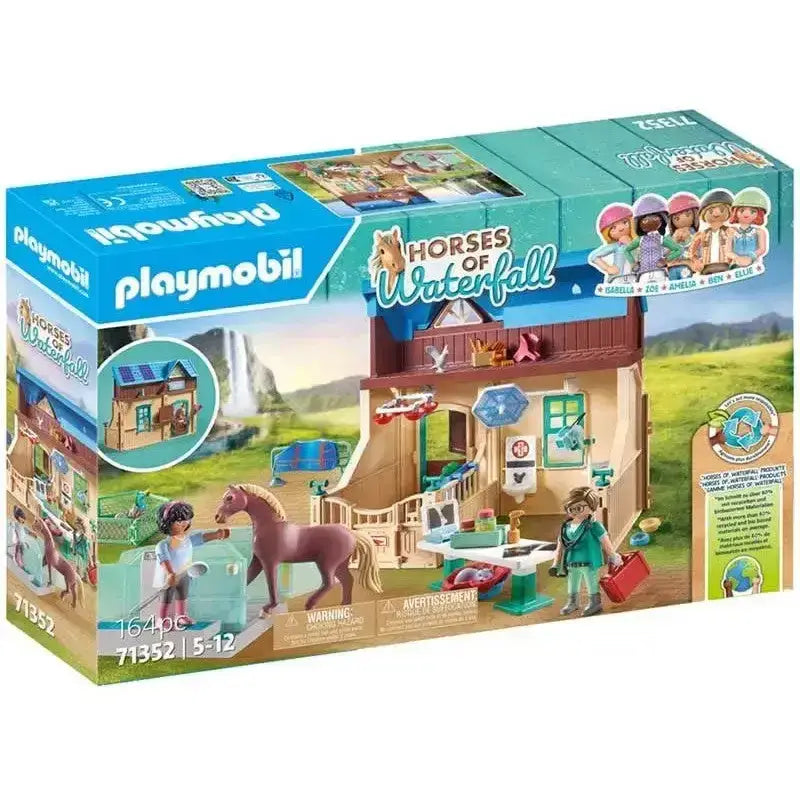 Playmobil horses riding therapy set with brown horse and greenery-themed waterfall stable packaging for equestrian play