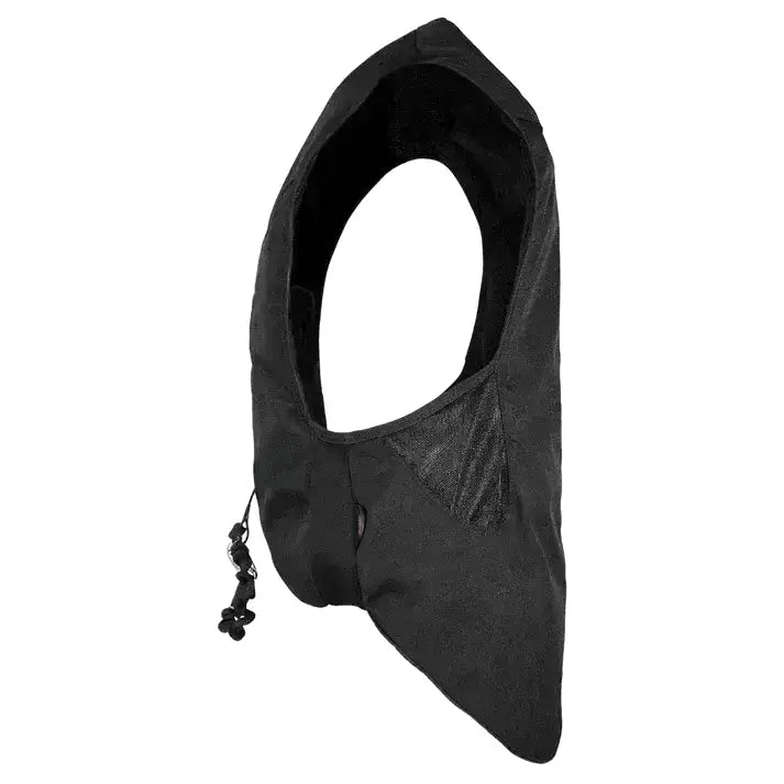 Black leather hood with textured pattern and tassel for point two hunter showjumper child body protector pro air