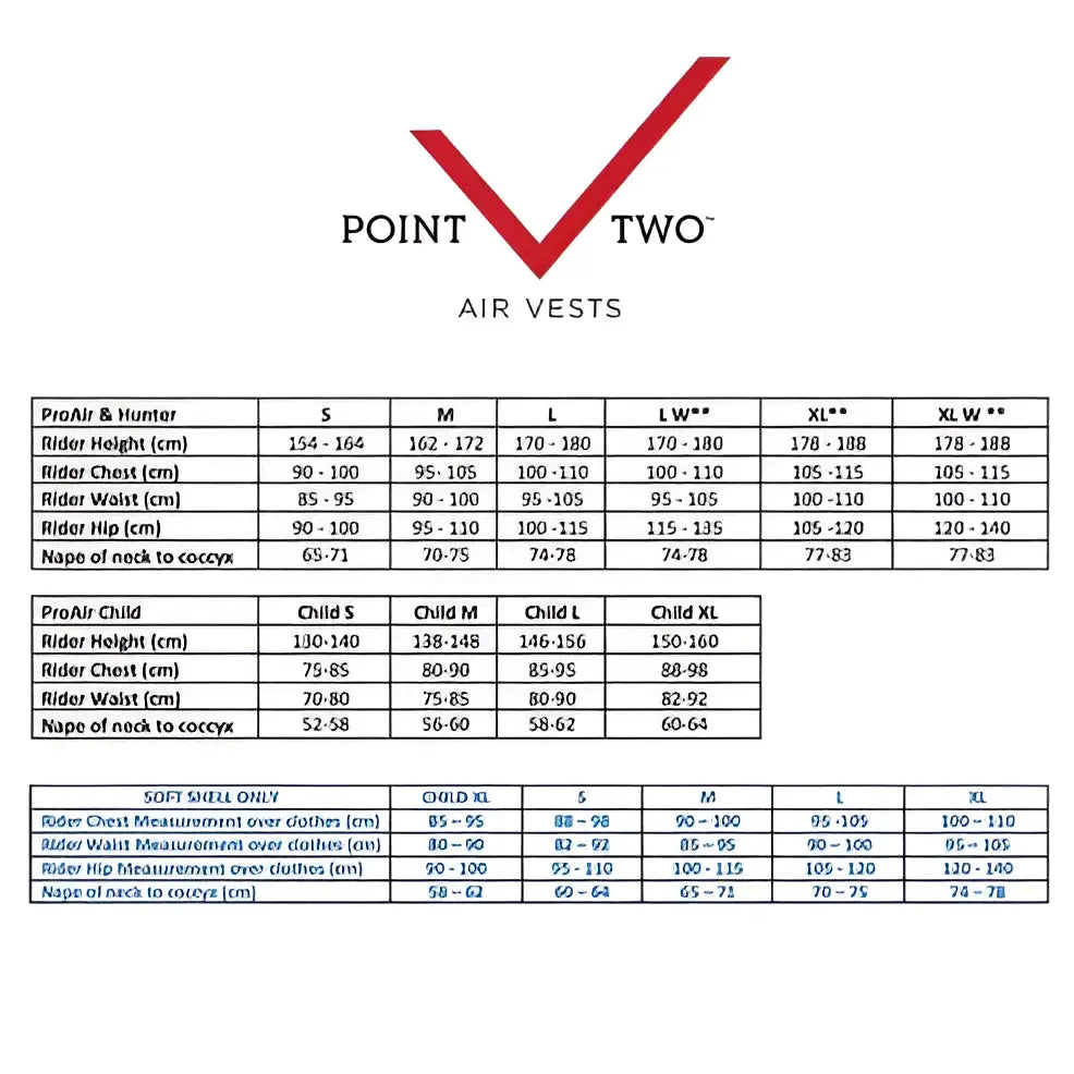 Point two proair air vest size chart showing measurements for proair hunter and proair child body protector models