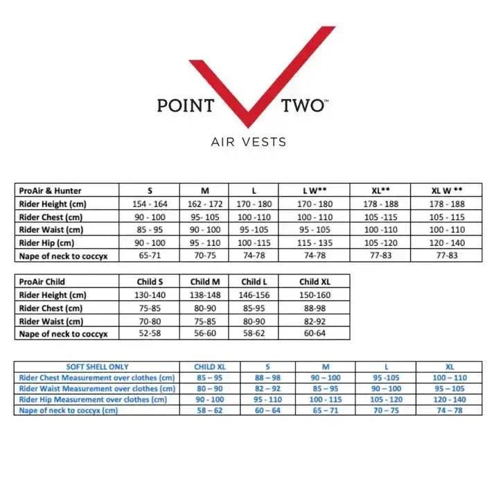 Point two proair child air vest black sizing chart showing measurements for adult and child body protector sizes