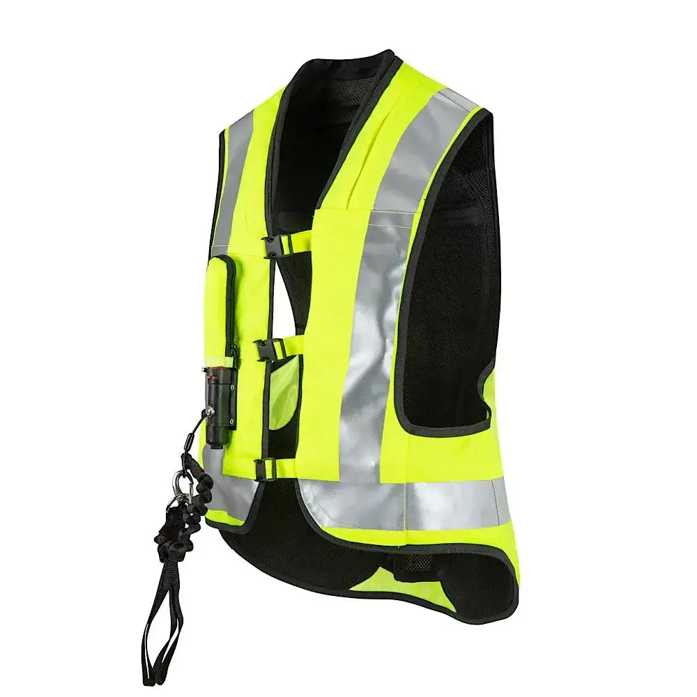 Point two proair high viz yellow equestrian air vest with reflective stripes black mesh adjustable straps and flashlight pocket