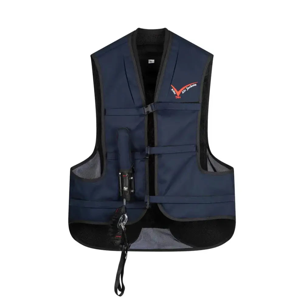 Dark blue and black point two proair equestrian air vest with mesh panels and adjustable straps for a comfortable fit