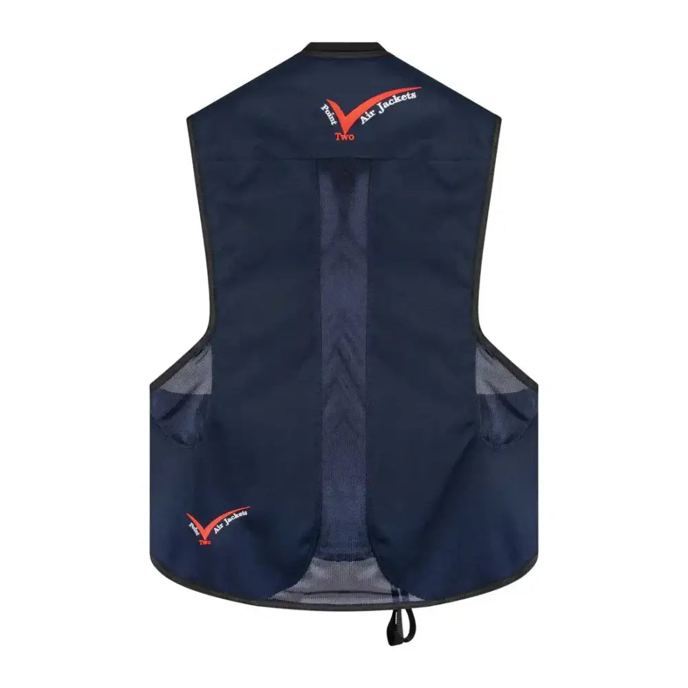 Dark blue lightweight point two proair equestrian air vest with mesh side pockets and black drawstring for comfortable fit