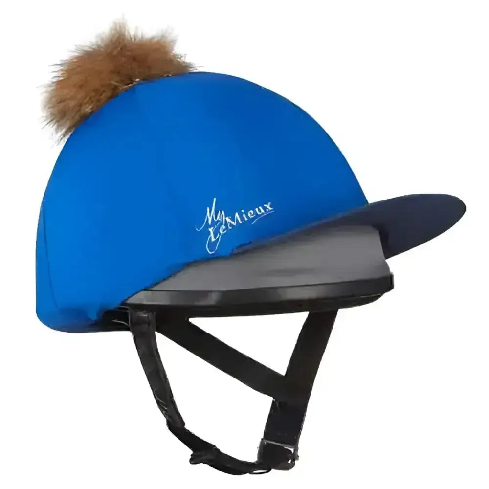 Bright blue benetton blue lemieux equestrian helmet cover with brown faux fur pom hat silk and black adjustable straps