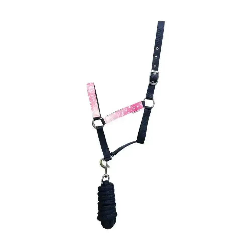 Black horse pony fantasy head collar with pink floral straps and matching black braided lead rope set by little rider