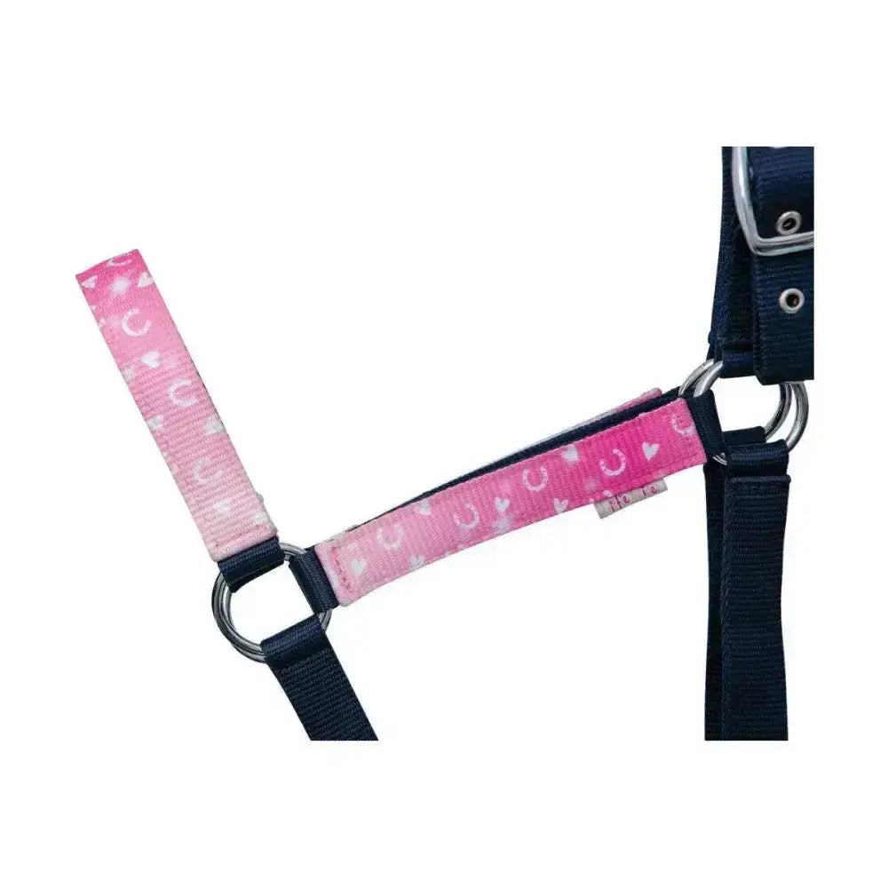 Pink and navy pony fantasy head collar and lead rope set with white horseshoes and hearts by Little Rider