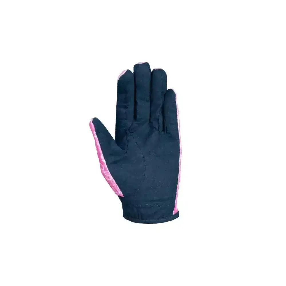 Navy blue pony fantasy riding gloves with pink mesh accents on back side perfect for rider’s outfit
