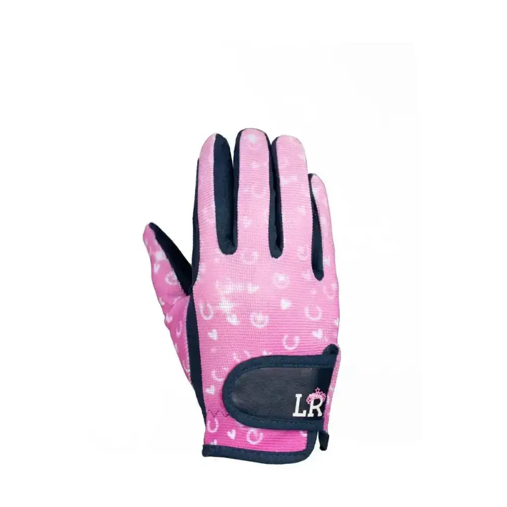 Pink pony fantasy riding gloves with white horseshoes hearts pattern and black accents perfect for rider’s outfit