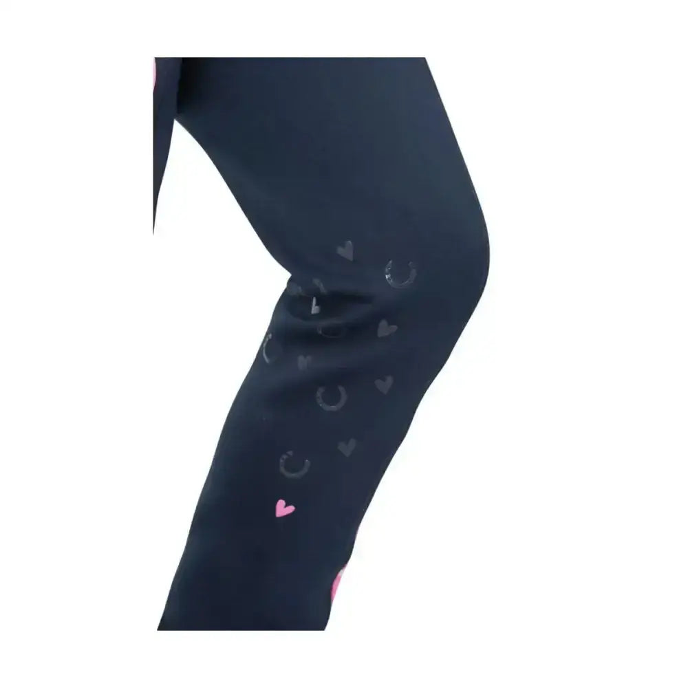Black pony fantasy riding tights with pink and silver hearts and horseshoes perfect for pony lovers