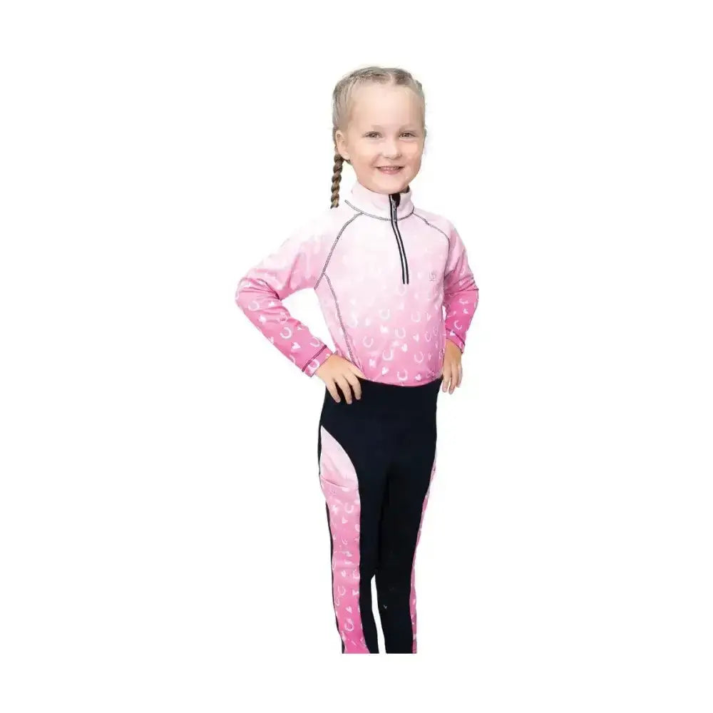 Pink and black gradient long-sleeved performance top with horse hoof print perfect for pony fantasy riding fans