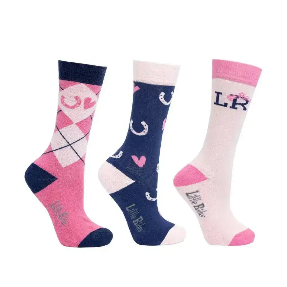 Three pairs of little bites pony fantasy socks in pink navy and white with horse hoof and heart designs in breathable bamboo fabric