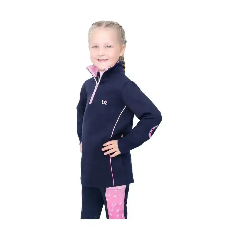 Navy blue fleece pony fantasy sweatshirt by little rider with ombre pink piping and silver ¾ zip details