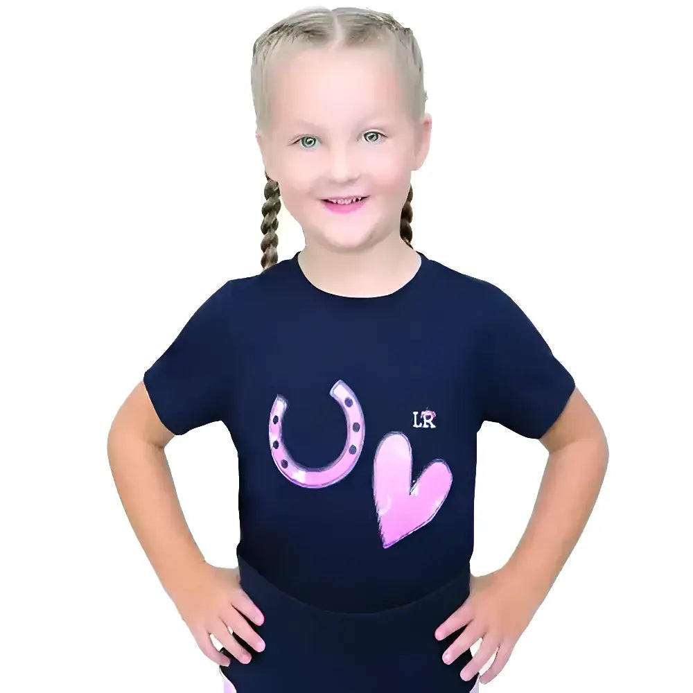Navy blue short sleeve t-shirt with pink horseshoe and heart graphic from pony fantasy t-shirt by little rider