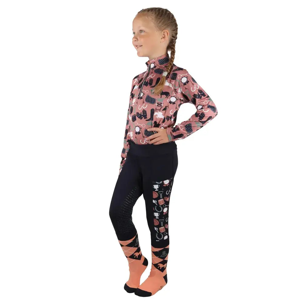 Pink and black pony passion pattern long sleeve base layer by little rider with flexible fabric to keep child comfortable