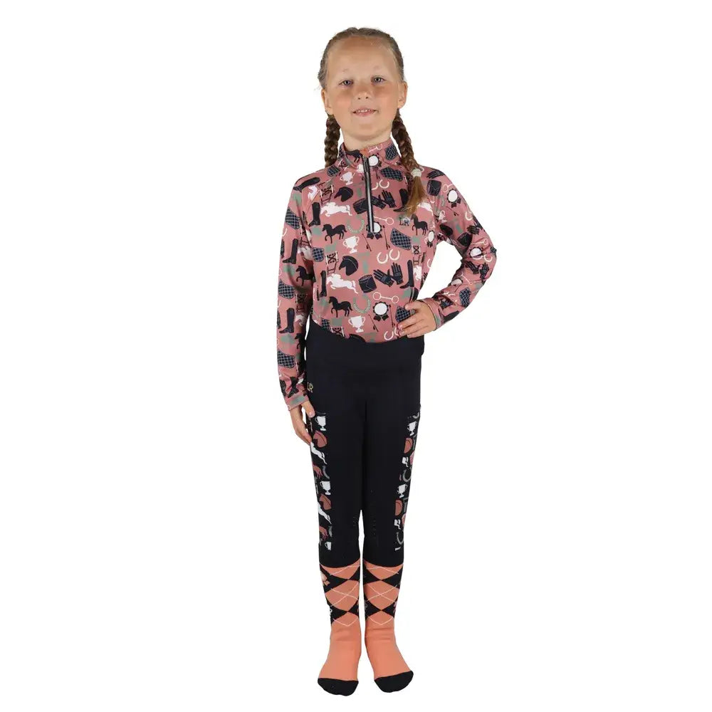Pink long-sleeved equestrian top with pony passion pattern made of flexible fabric to keep your child comfortable