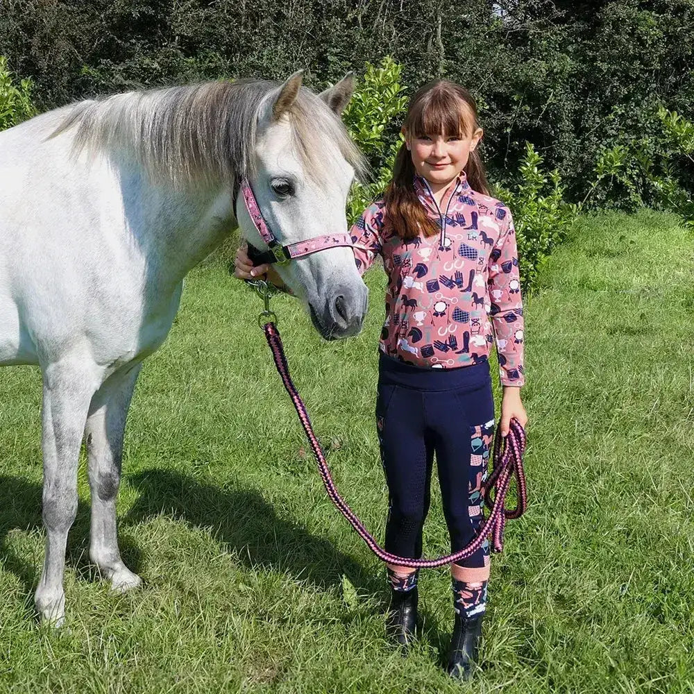 Pink and purple patterned pony passion head collar and lead rope set with black metal hardware by little rider