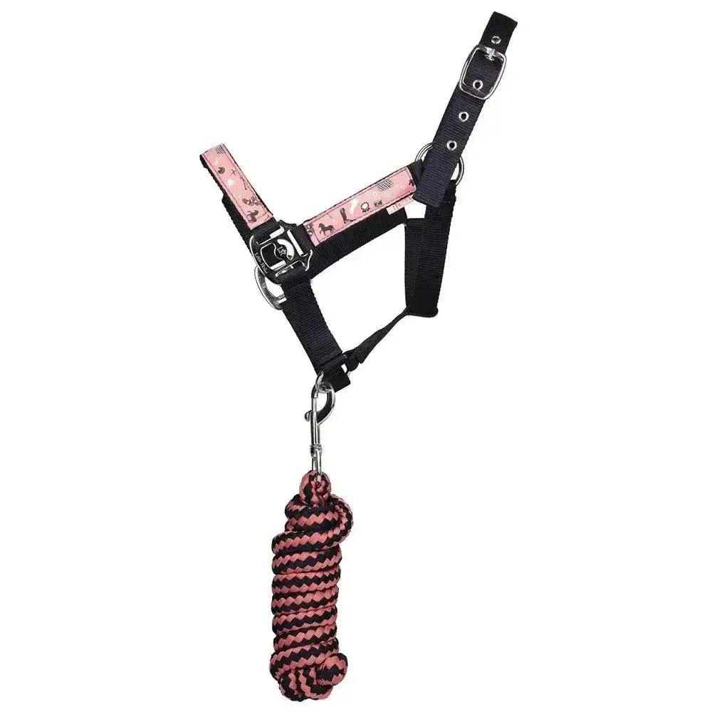 Pink and black pony passion head collar and lead rope set with patterned strap and silver buckle hardware by little rider