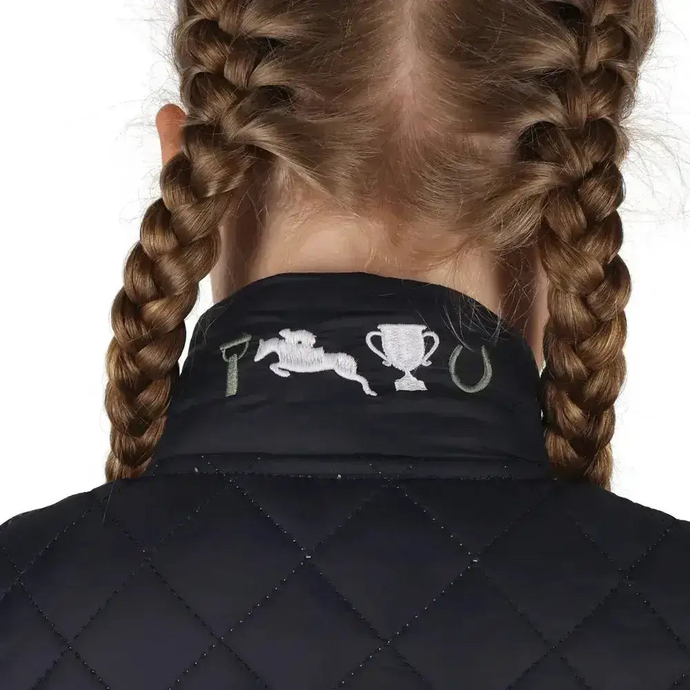 Black quilted pony passion jacket with white embroidered horse trophy and horseshoe on collar for rider’s wardrobe