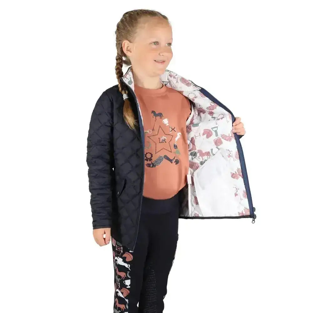 Navy blue pony passion quilted jacket with floral interior lining perfect for any rider’s wardrobe