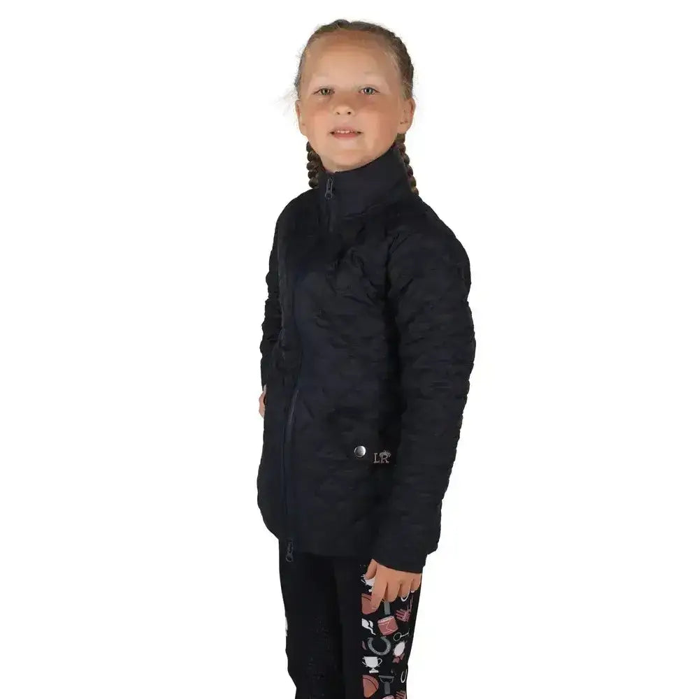 Black pony passion quilted jacket with high collar and zipper perfect for a rider’s wardrobe essential outerwear
