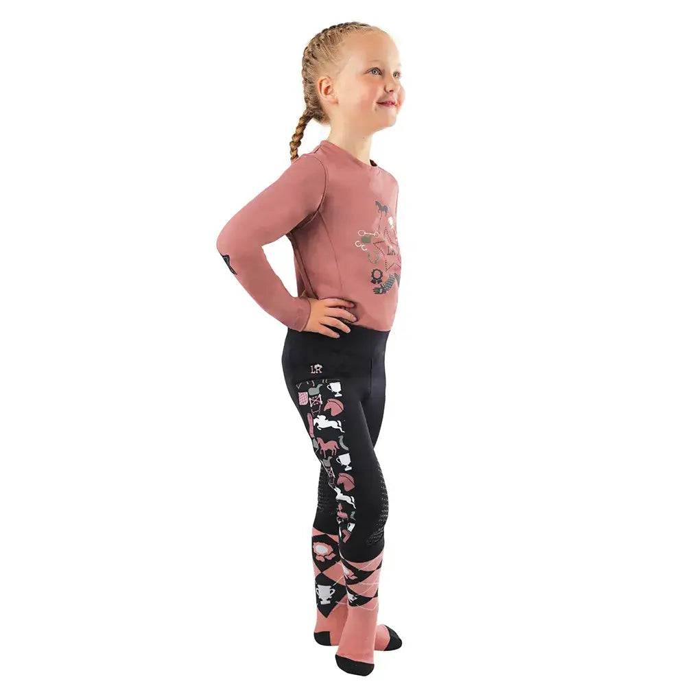 Pink and black pony passion riding leggings with horse and tea cup passion print panels by little rider