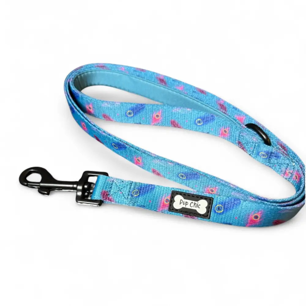 A vibrant blue power peacock 5ft dog lead with playful pink purple peacock feathers black metal hardware and pup chic tag