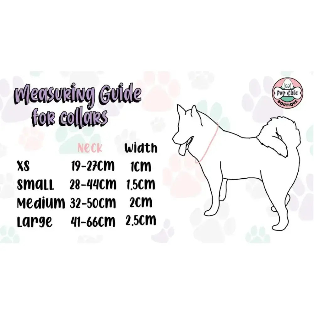 Measuring guide for pop chic boutique peacock power dog tactical dog collars showing neck sizes and collar widths