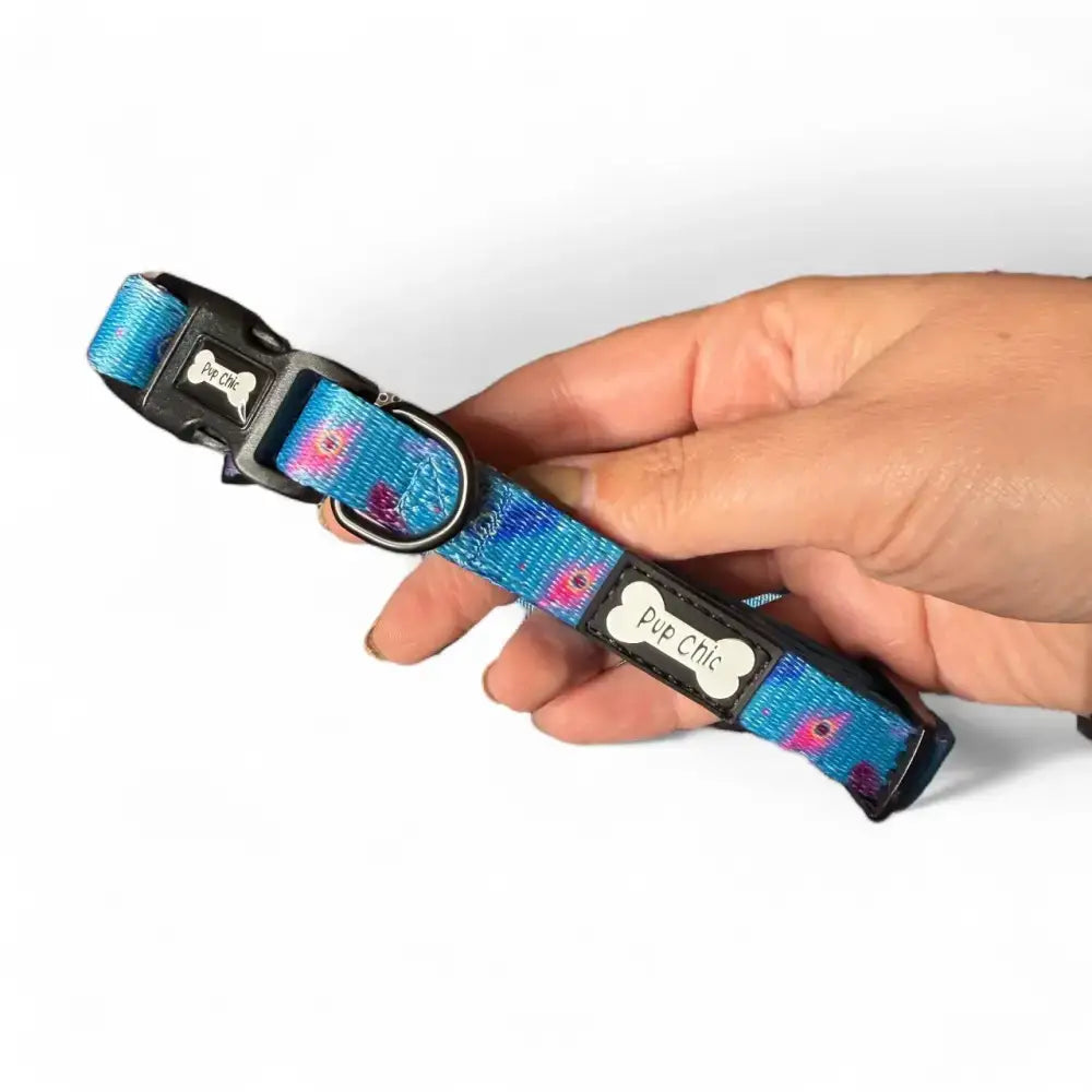 A vibrant blue peacock power dog collar with pink floral pattern, black plastic hardware, and bone-shaped tags, strong large tactical dog collars