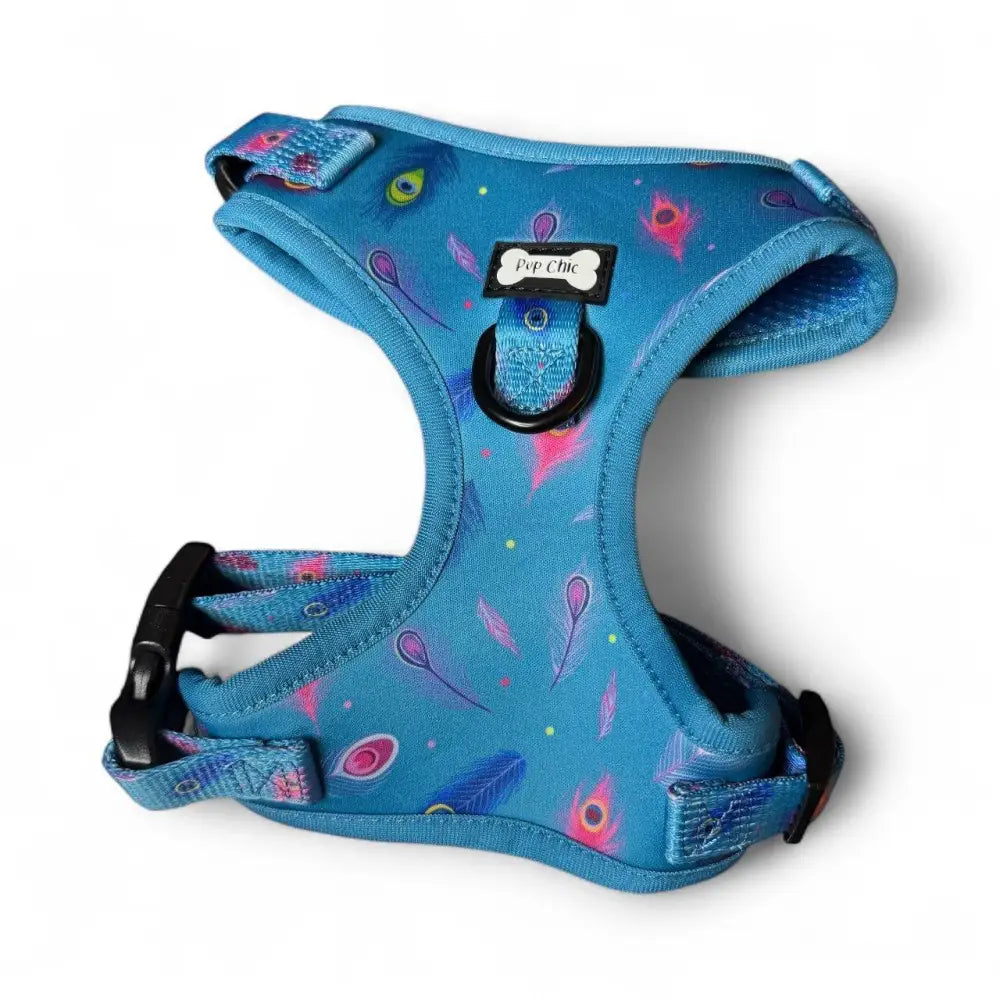 Vibrant blue power peacock step-in adjustable small dog harness with peacock feather pattern and black buckles for puppies