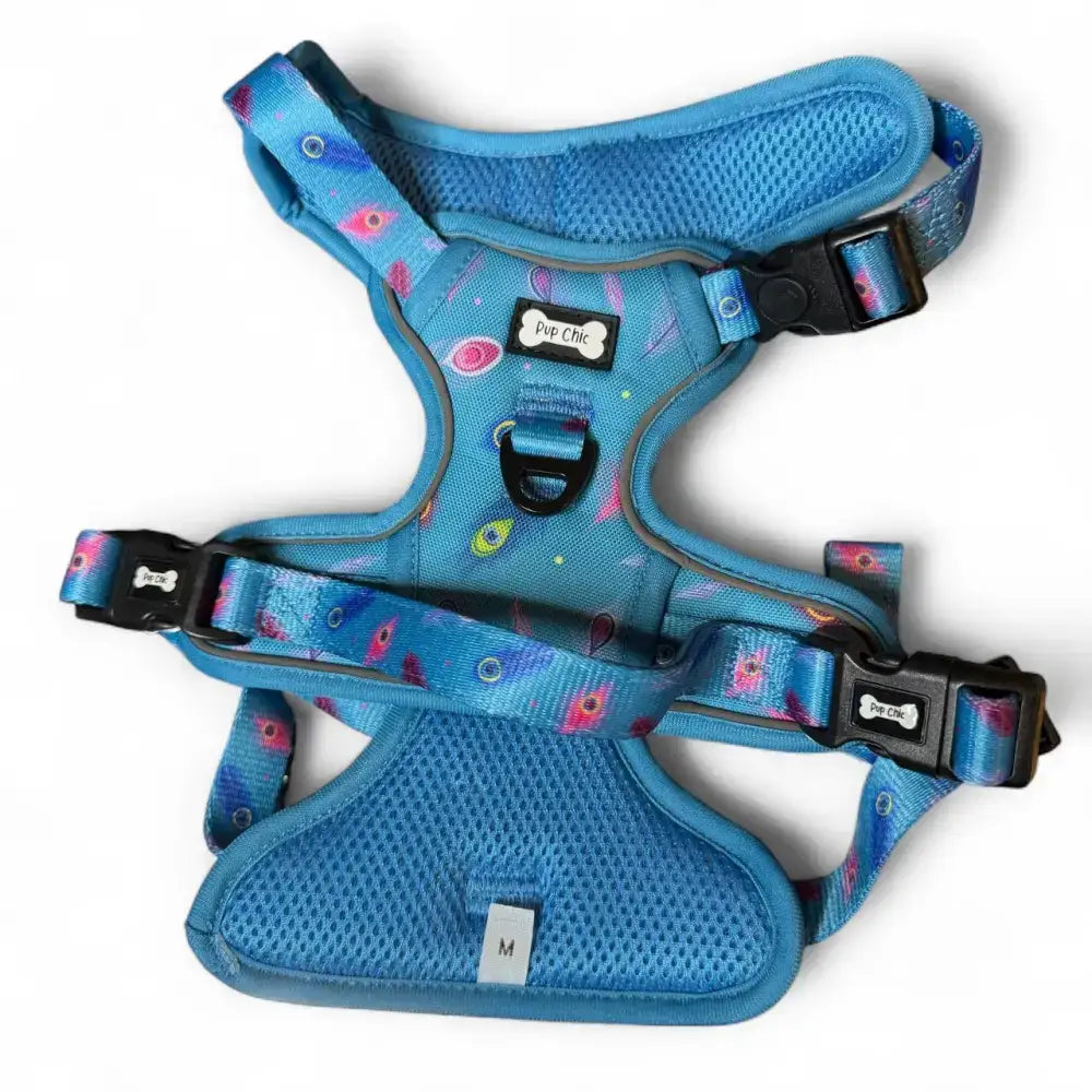 Power peacock tactical dog harness in vibrant blue with space pattern mesh fabric and black buckles fully adjustable dog harness