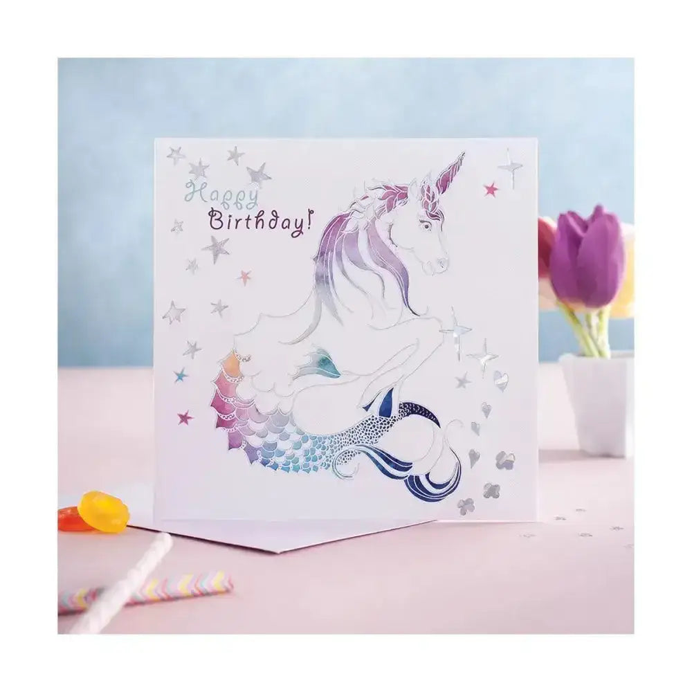 A white prancing myth card birthday mythical merhorse with a unicorn mermaid tail in holographic metallic foiling