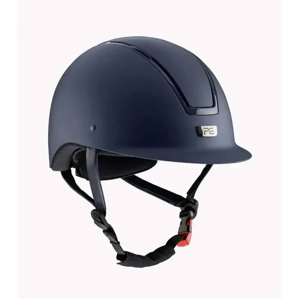 Navy blue premier equine endeavour horse riding helmet with sleek matte finish and black adjustable straps